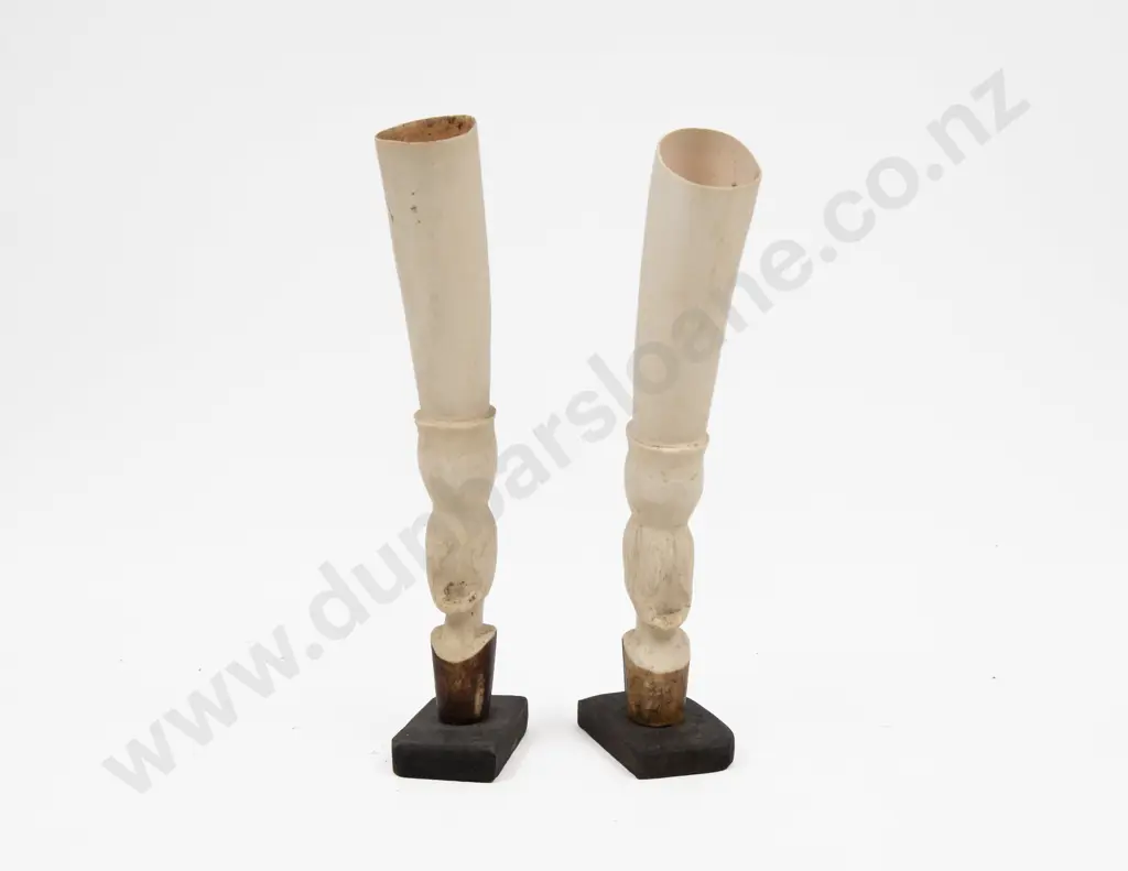 Pair African Ivory Tusk Section Carved With Masks Image 1++