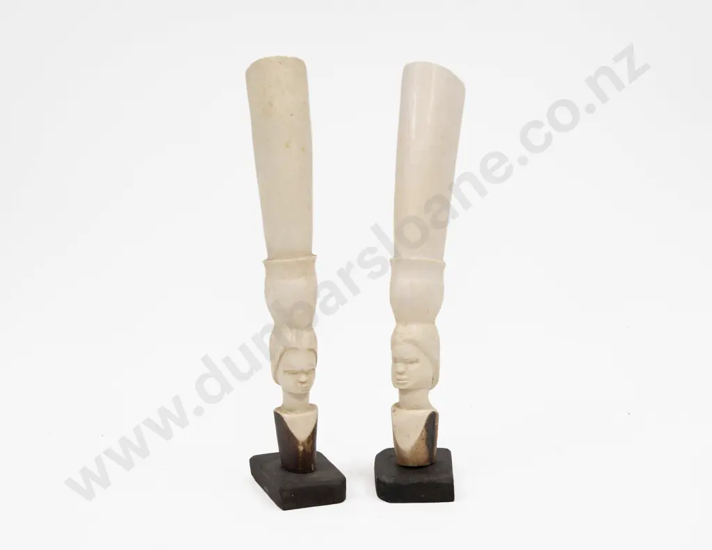 Pair African Ivory Tusk Section Carved With Masks Image 1++
