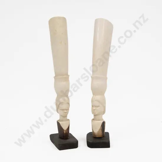 Pair African Ivory Tusk Section Carved With Masks