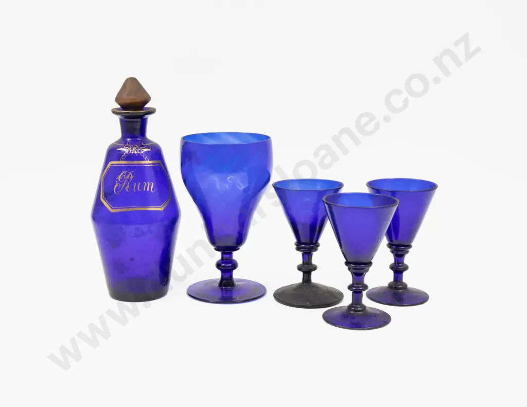 Geo III Bristol Blue Rum Decanter & Four Glasses Image 1++