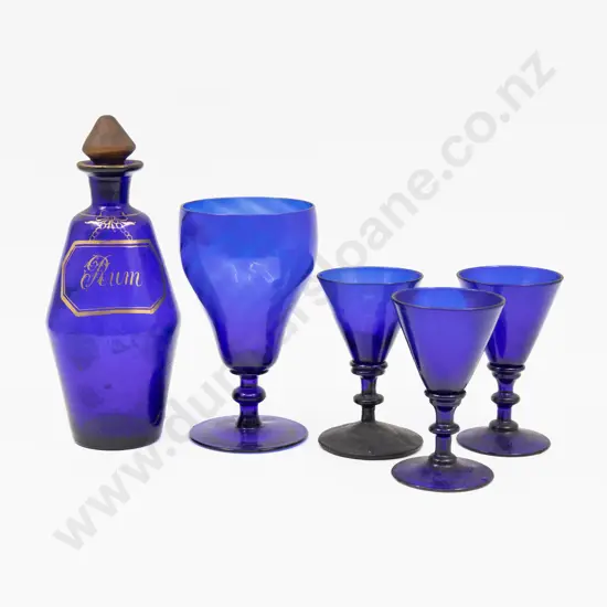 Geo III Bristol Blue Rum Decanter & Four Glasses