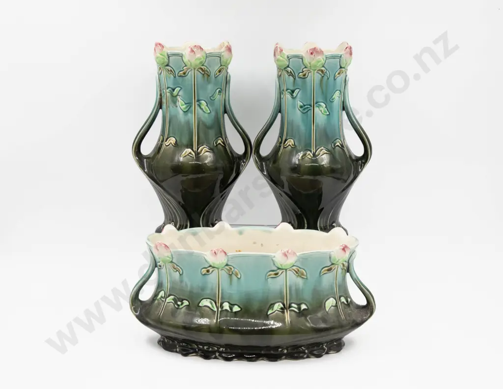 Pair of Gustave De Bruyn Art Nouveau Vase & Matching Flower Trough Image 1++