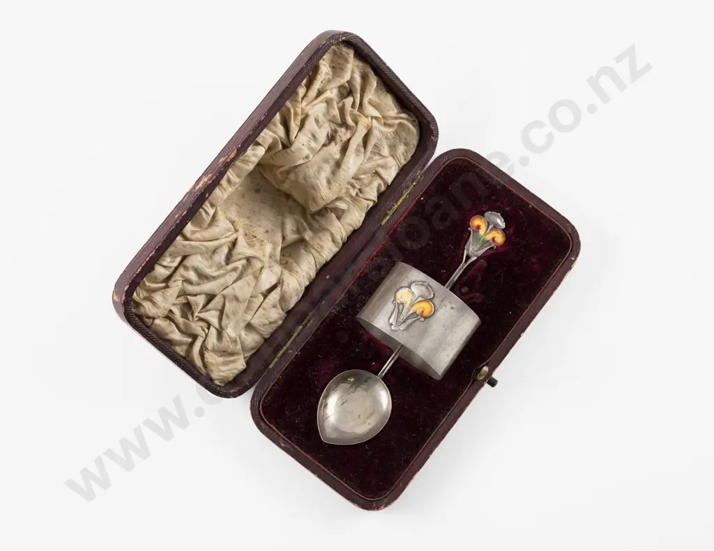 Cased Edw VII Art Nouveau S/S & Enamel Christening Spoon & Napkin Ring by James Fenton & Co Image 1++