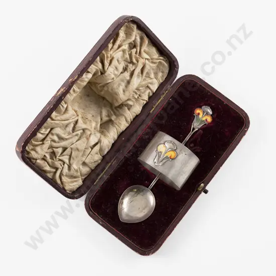 Cased Edw VII Art Nouveau S/S & Enamel Christening Spoon & Napkin Ring by James Fenton & Co