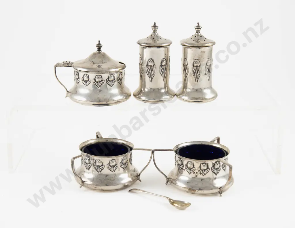 Cased Art Nouveau S/S 6 Piece Cruet Set Image 1++