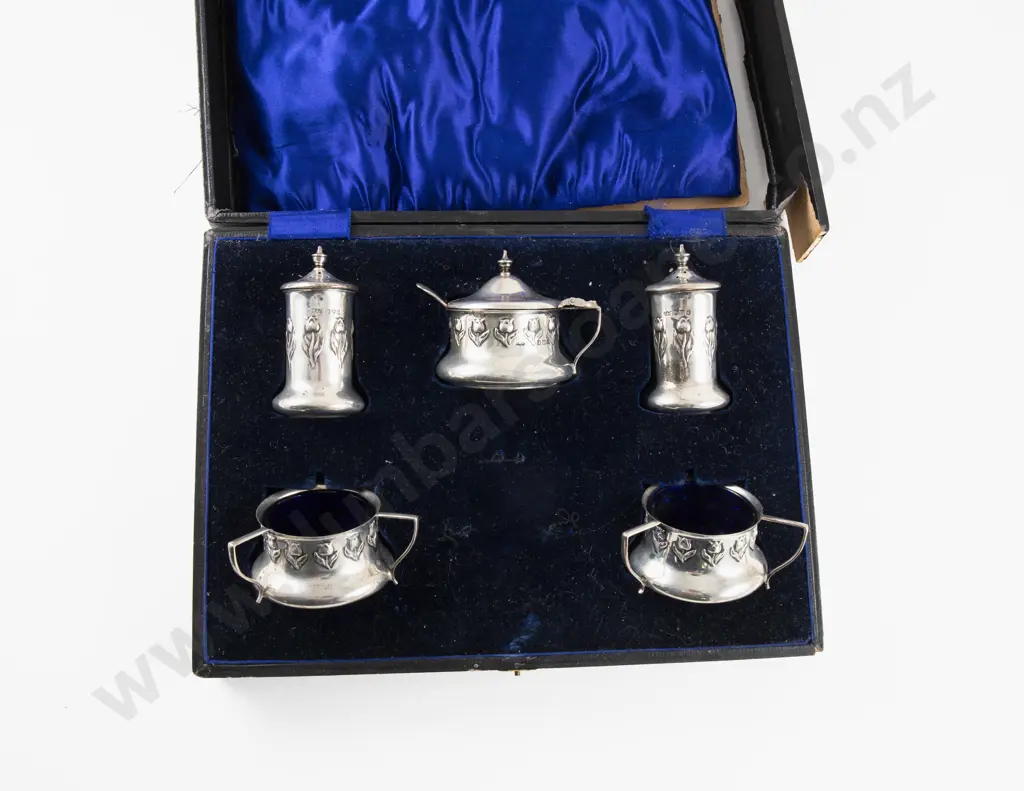 Cased Art Nouveau S/S 6 Piece Cruet Set Image 1++