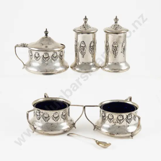 Cased Art Nouveau S/S 6 Piece Cruet Set