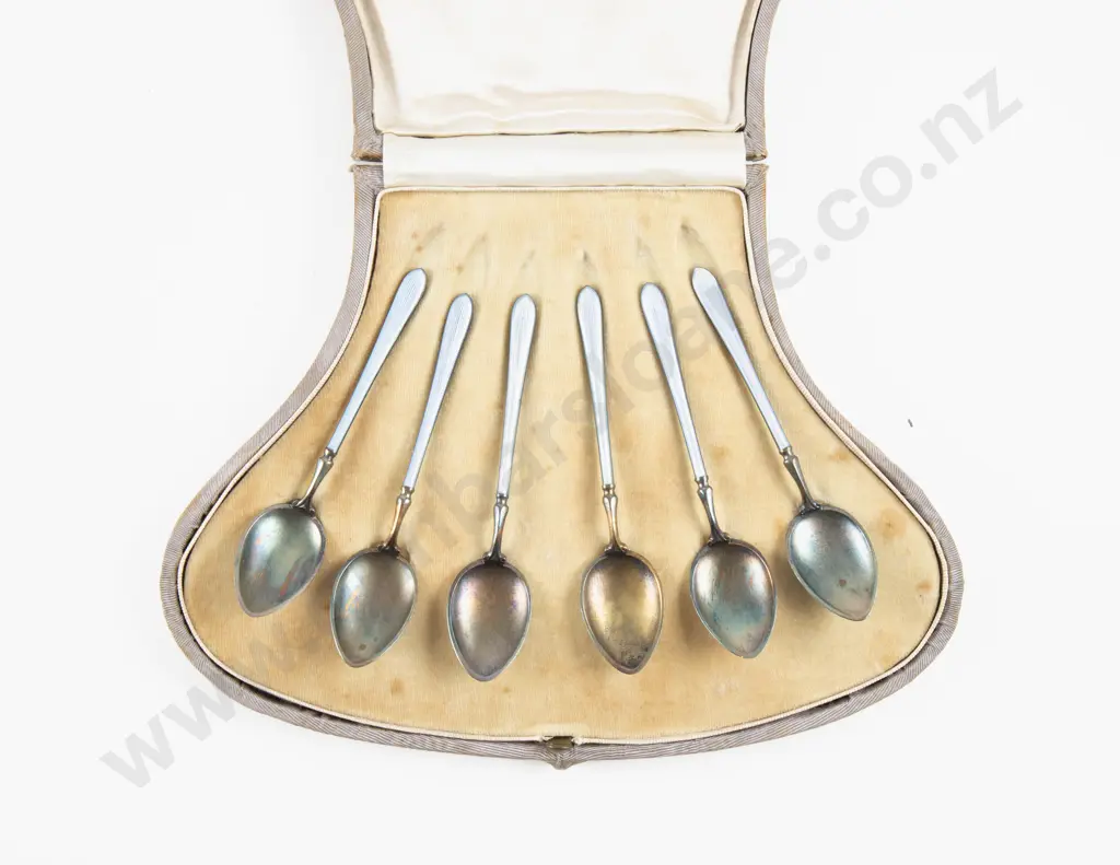 Cased Set Of 6 S/S & Enamel Coffee Spoons & 6 Geo V S/S Seal Top Coffee Spoons Image 1++