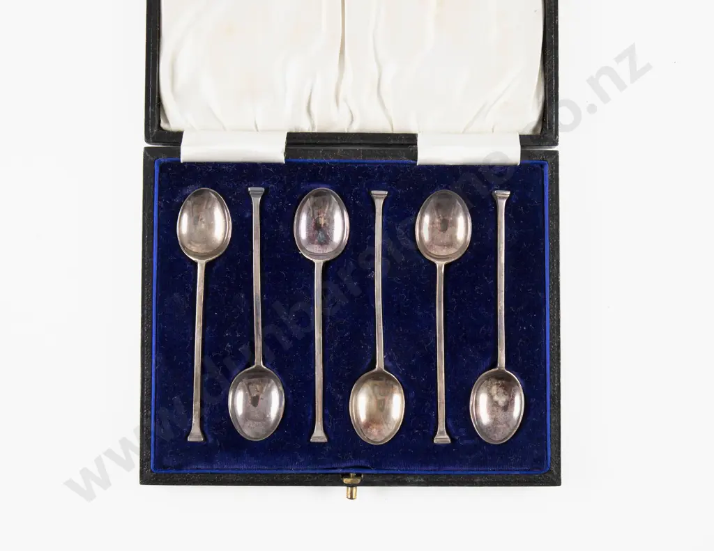 Cased Set Of 6 S/S & Enamel Coffee Spoons & 6 Geo V S/S Seal Top Coffee Spoons Image 1++
