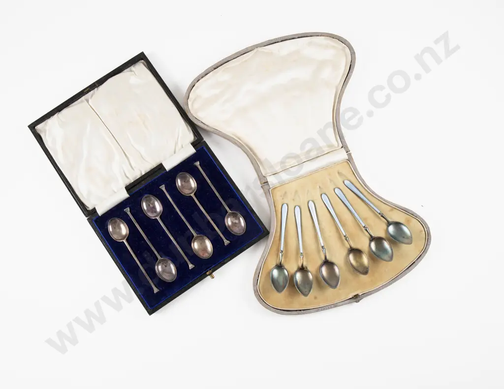 Cased Set Of 6 S/S & Enamel Coffee Spoons & 6 Geo V S/S Seal Top Coffee Spoons Image 1++