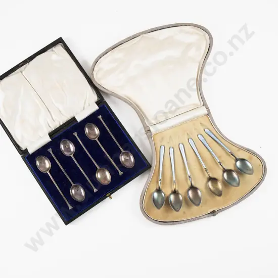 Cased Set Of 6 S/S & Enamel Coffee Spoons & 6 Geo V S/S Seal Top Coffee Spoons