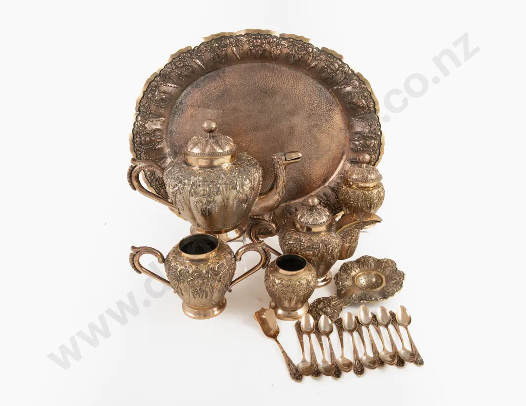An Extensive & Ornate Indonesian Yogya Copper Plated Tea Service & 5 Similar Extras Image 1++