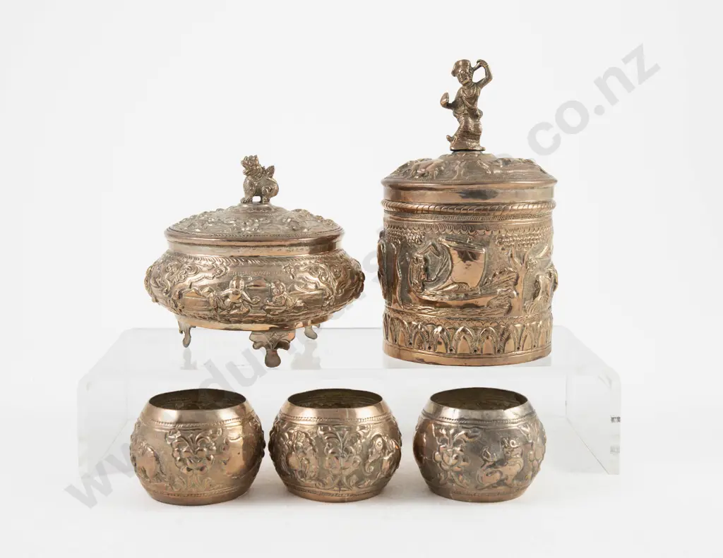 An Extensive & Ornate Indonesian Yogya Copper Plated Tea Service & 5 Similar Extras Image 1++