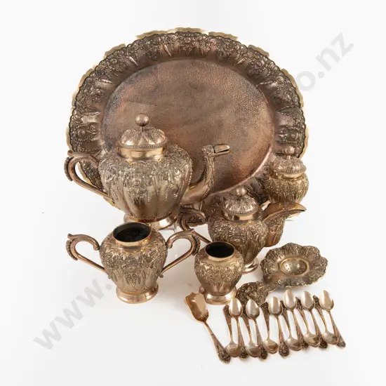 An Extensive & Ornate Indonesian Yogya Copper Plated Tea Service & 5 Similar Extras