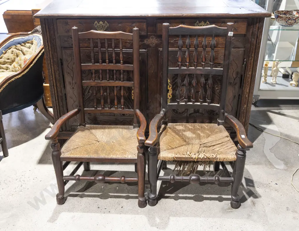 A Near Pair of Geo III Elm Lancashire Open Armchairs Image 1++