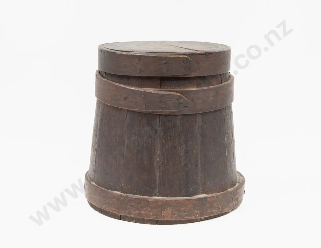 C19th Staved Oak Lidded Storage Barrel Image 1++