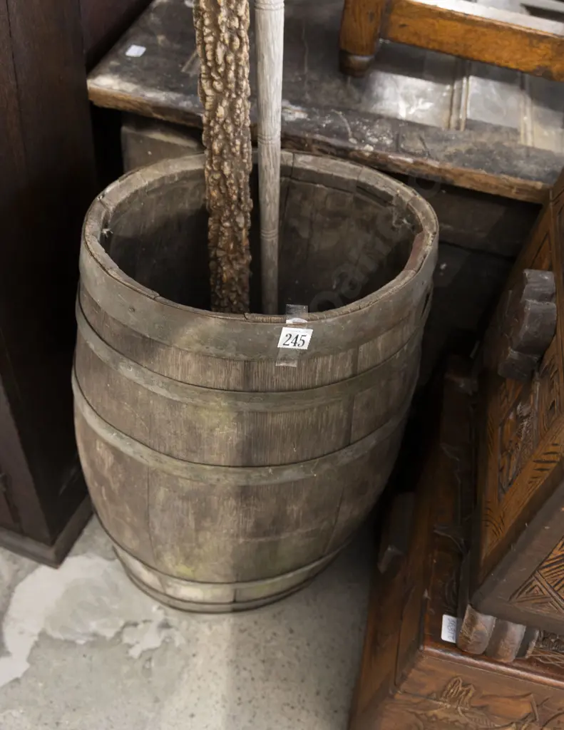 Victorian Coopered Oak Barrel (Weathered) & Two Walking Canes (A/F) Image 1++