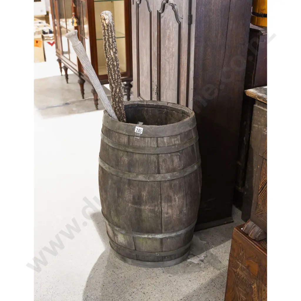Victorian Coopered Oak Barrel (Weathered) & Two Walking Canes (A/F) Image 1++
