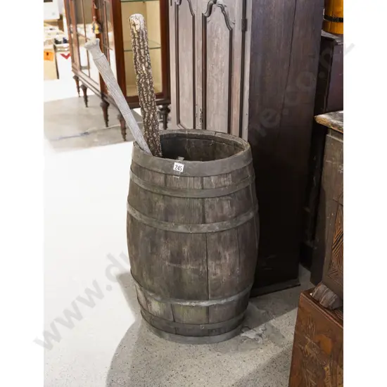 Victorian Coopered Oak Barrel (Weathered) & Two Walking Canes (A/F)