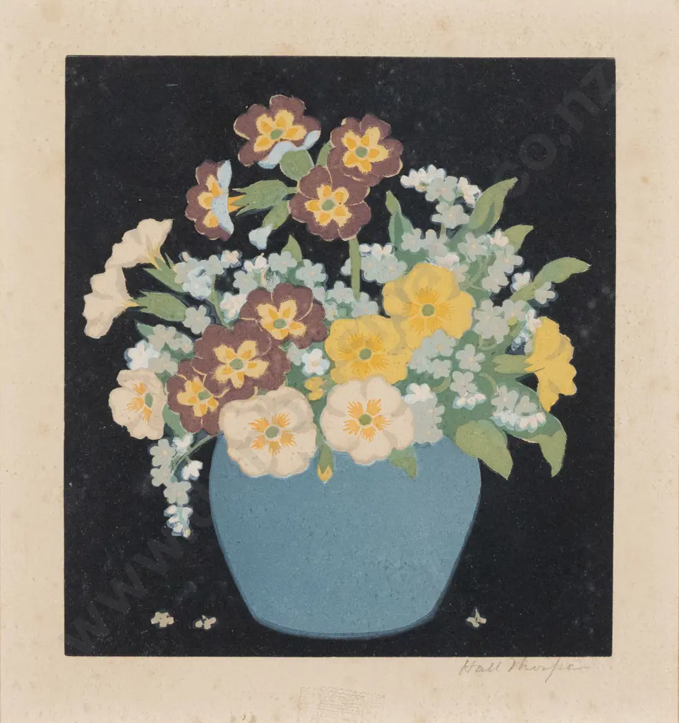 Hall Thorpe - Vase of Pansies - Coloured Woodblock Image 1++