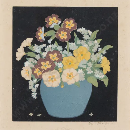 Hall Thorpe - Vase of Pansies - Coloured Woodblock