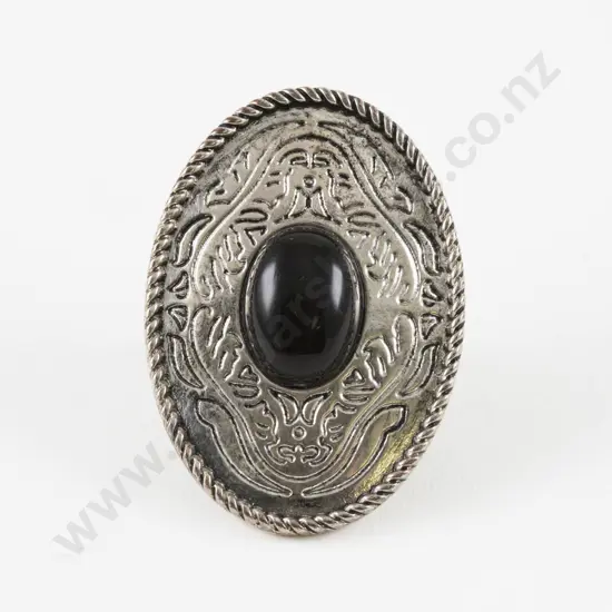 Silver Plated Large Oval Panel Onyx Glass Ring
