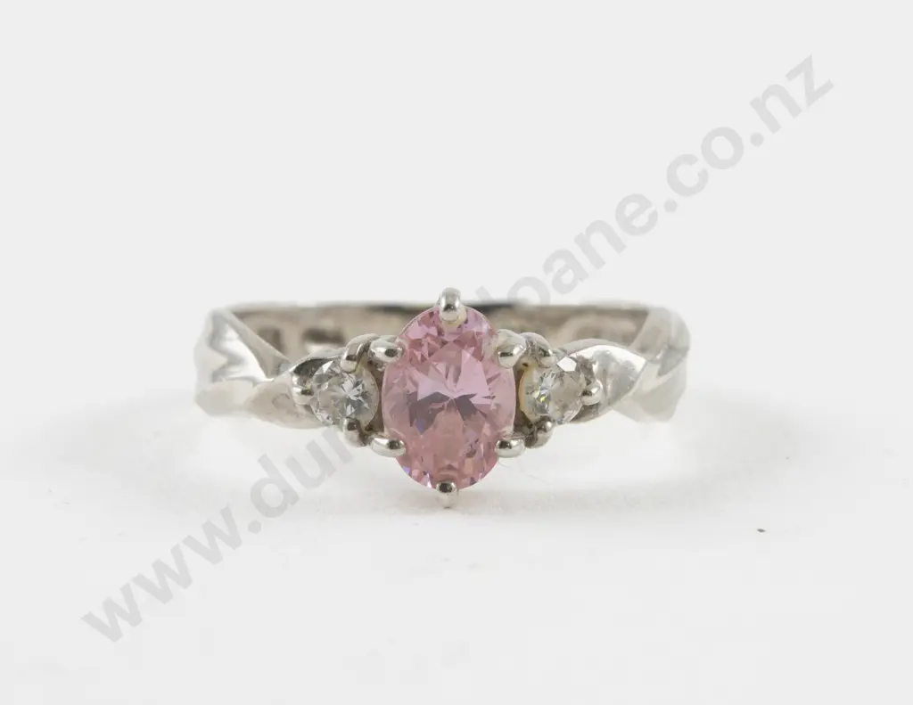 S/S Three Stone Pink and Clear Crystal Ring Image 1++