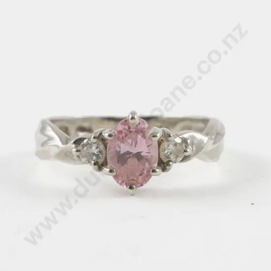S/S Three Stone Pink and Clear Crystal Ring