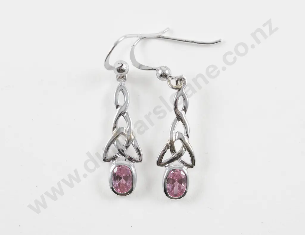 Pair S/S Single Pink Cubic Zirconia Celtic Pendant Drop Earrings Image 1++
