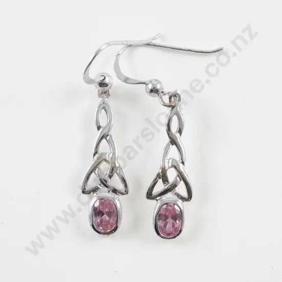 Pair S/S Single Pink Cubic Zirconia Celtic Pendant Drop Earrings