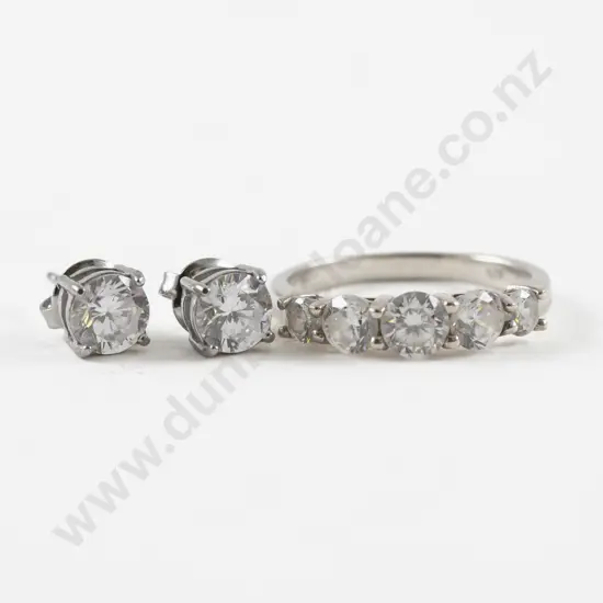S/S Five Stone Clear Crystal Band Ring with Matching Earrings
