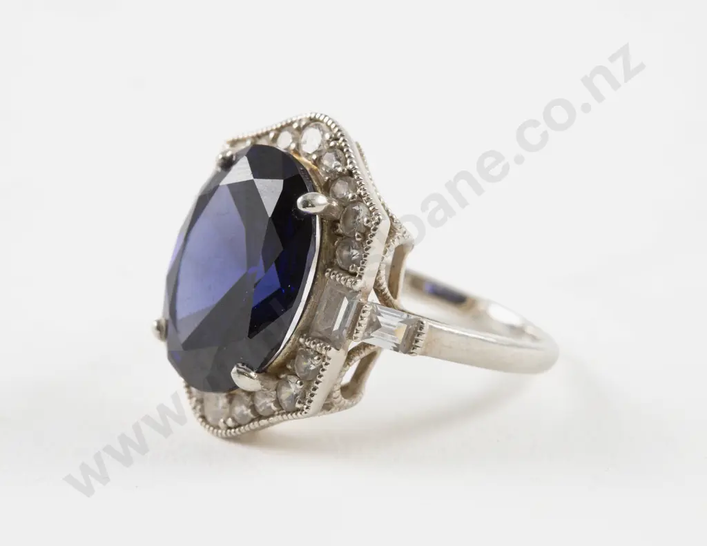 S/S Art Deco Style Blue and White Crystal Set Ring Image 1++