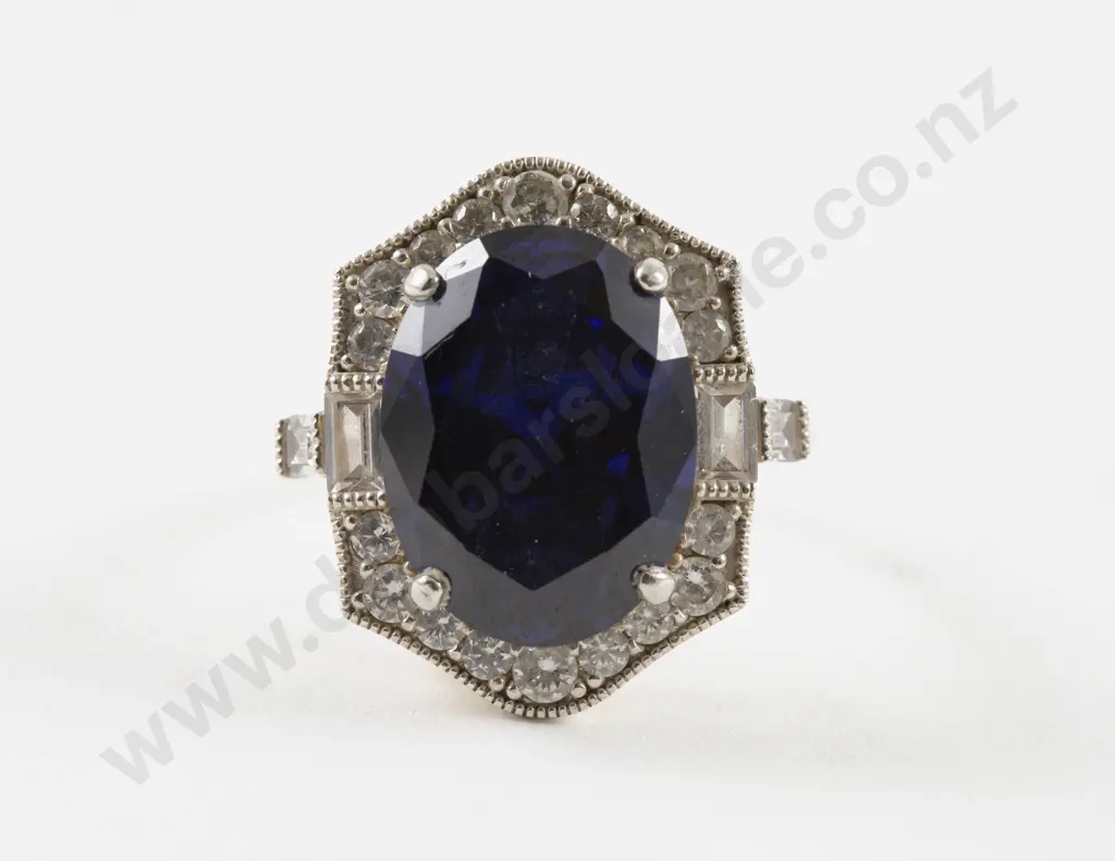 S/S Art Deco Style Blue and White Crystal Set Ring Image 1++