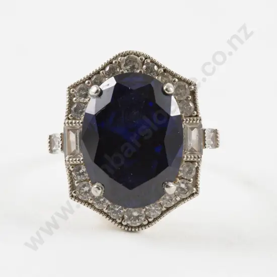 S/S Art Deco Style Blue and White Crystal Set Ring