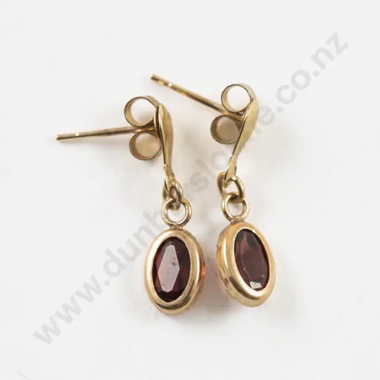 Pair 9ct Single Stone Garnet Pendant Drop Earrings