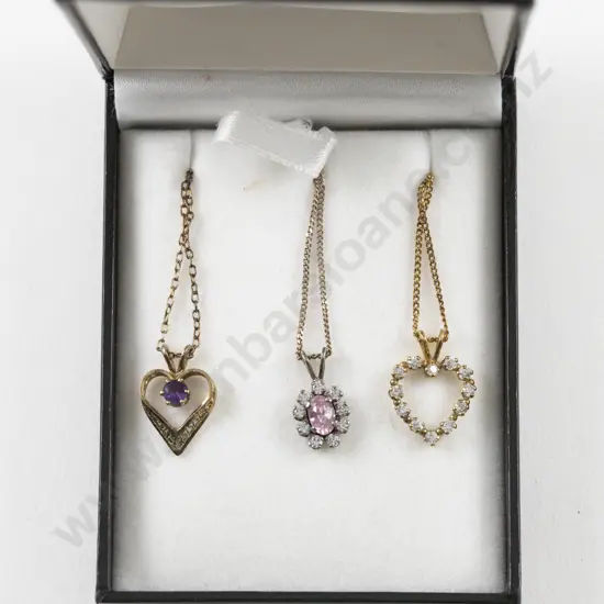 Three S/S and Silver Gilt Fancy Link Neck Chains with Three Crystal Set Pendants