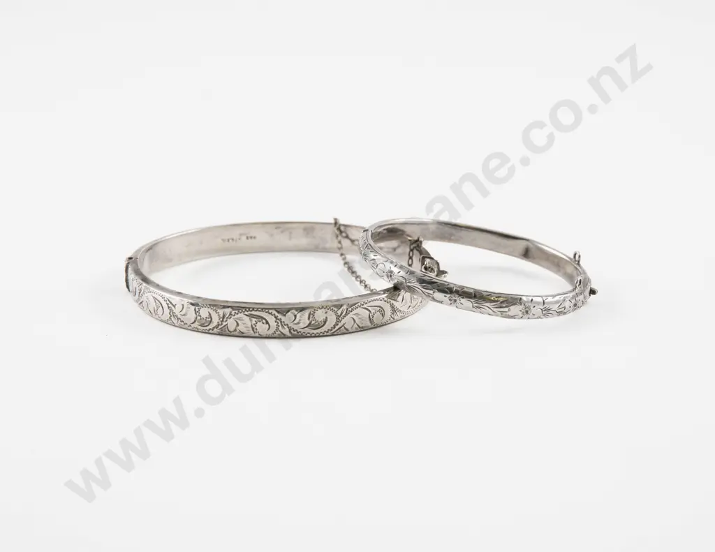 Two S/S Half Engraved Hinged Snap Bangles 6.5cm Image 1++