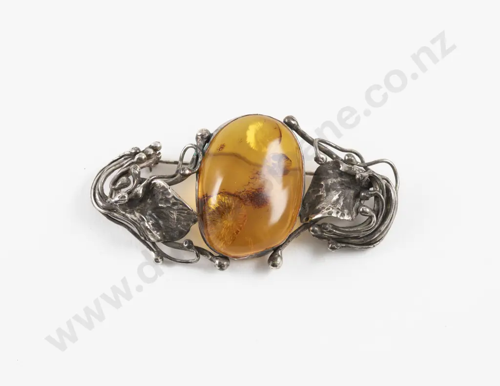 Art Nouveau Style Single Stone Amber Brooch Image 1++