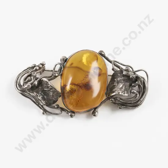 Art Nouveau Style Single Stone Amber Brooch