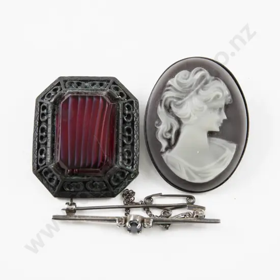 S/S Three Stone Sapphire Glass and Cubic Zirconia Bar Brooch