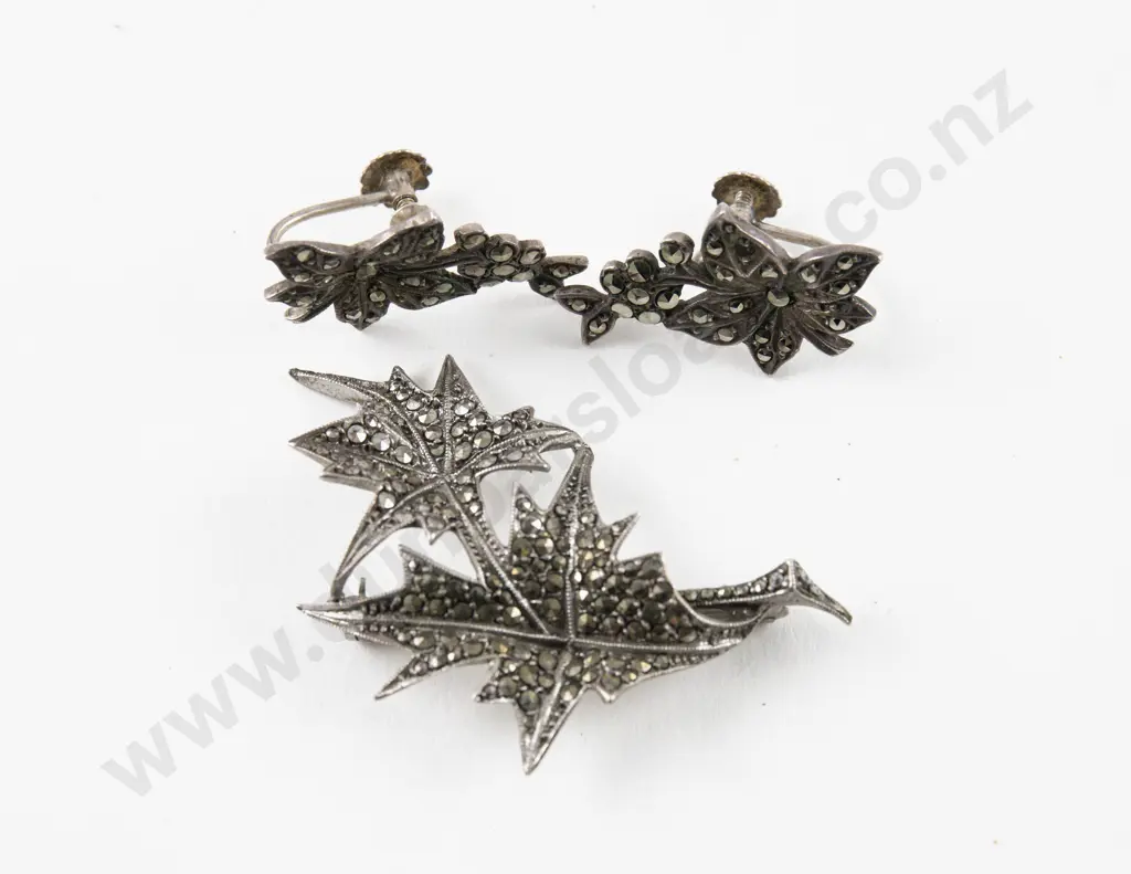 Pair S/S and Marcasite Floral Earrings with Matching Brooch Image 1++