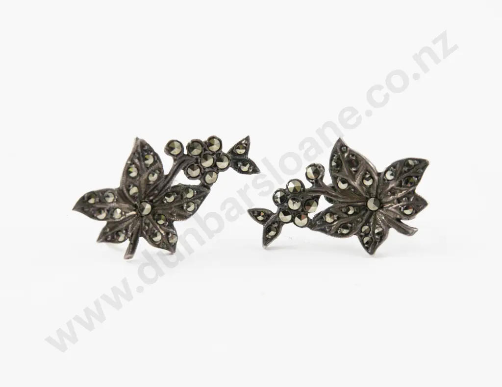 Pair S/S and Marcasite Floral Earrings with Matching Brooch Image 1++