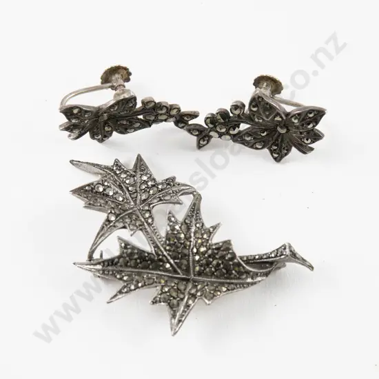 Pair S/S and Marcasite Floral Earrings with Matching Brooch