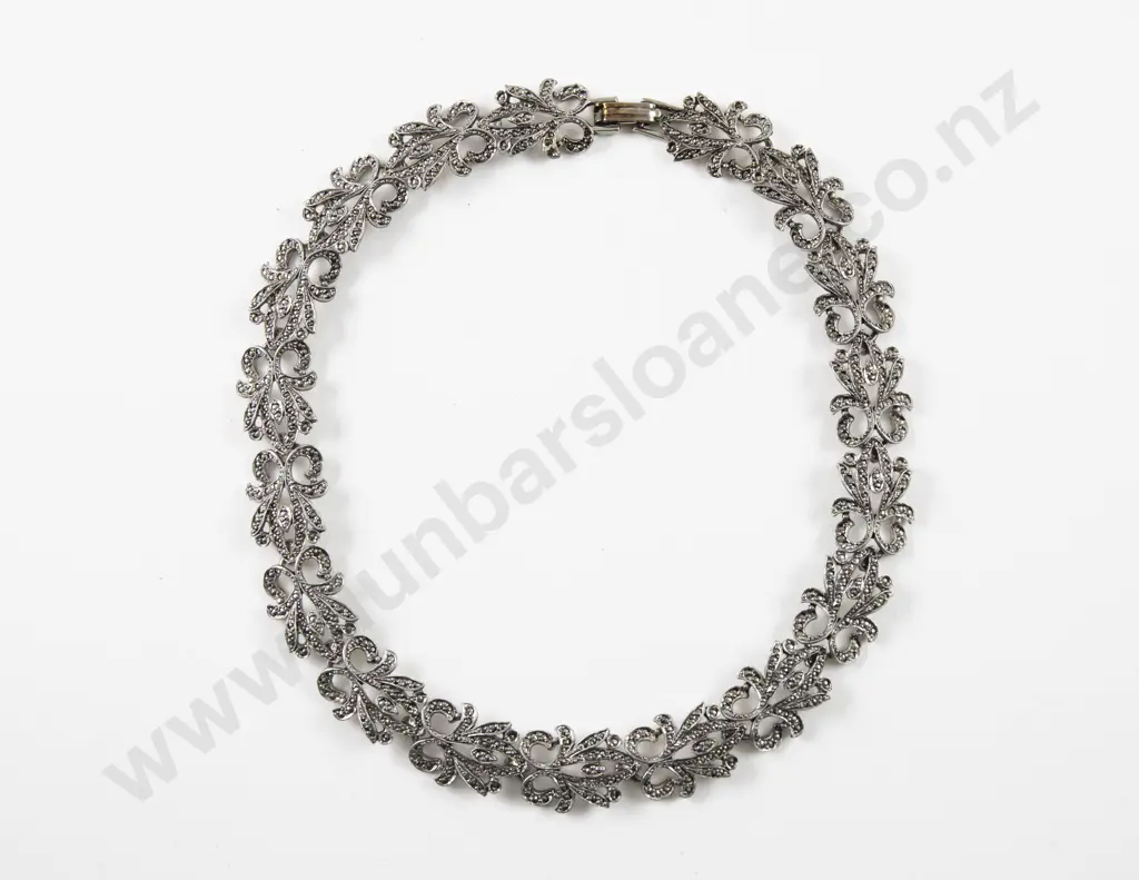 Vintage Silver Plated Marcasite Fancy Link Necklace Chocker Image 1++
