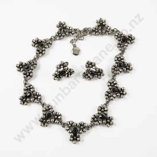 Vintage Silver Plated Black Gem Stone Floret Cluster Neck Chain with Matching Earrings
