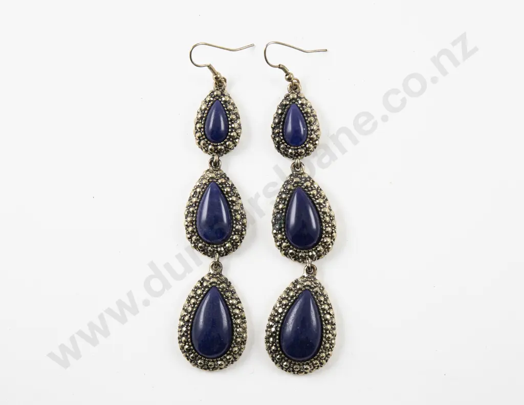 Pair Vintage Gold Plated Three Blue Stone Pendant Drop Earrings Image 1++