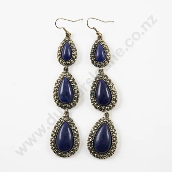 Pair Vintage Gold Plated Three Blue Stone Pendant Drop Earrings