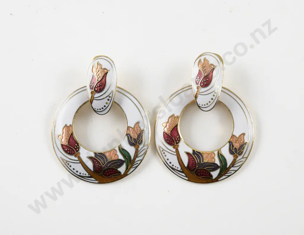 Pair Vintage Cloisonne Enamel Interchangeable Earrings Image 1++