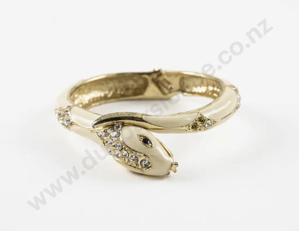 Vintage Enamel and Diamante Snake Hinged Snap Bangle Image 1++