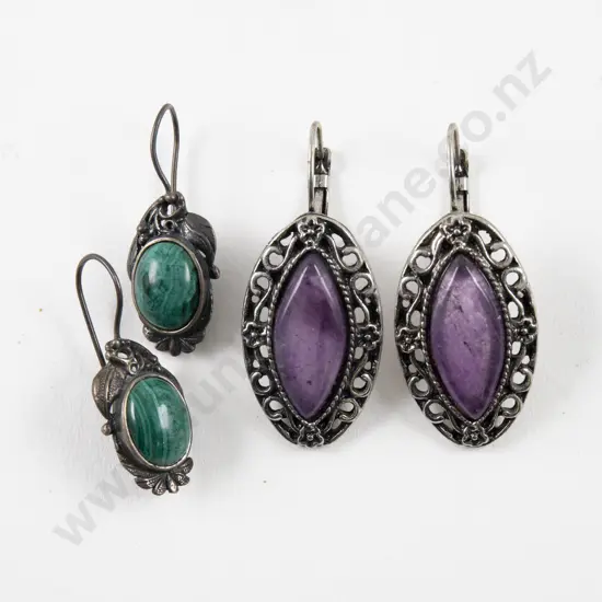 Two Pairs Vintage Single Stone Amethyst and Malachite Pendant Drop Earrings